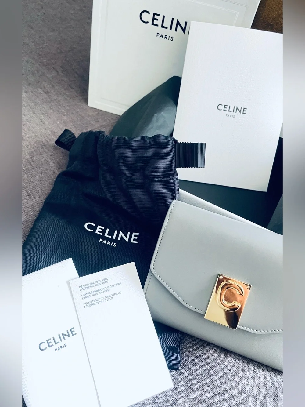 Celine Light Gray Leather Card Holder with Gold Lock
